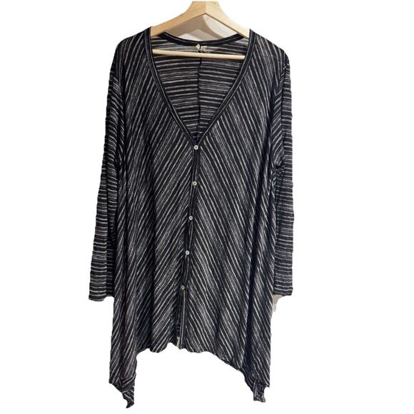 Comfy USA Women XL Black White Striped Asymmetrical Button Down Tunic Blouse - Picture 1 of 6